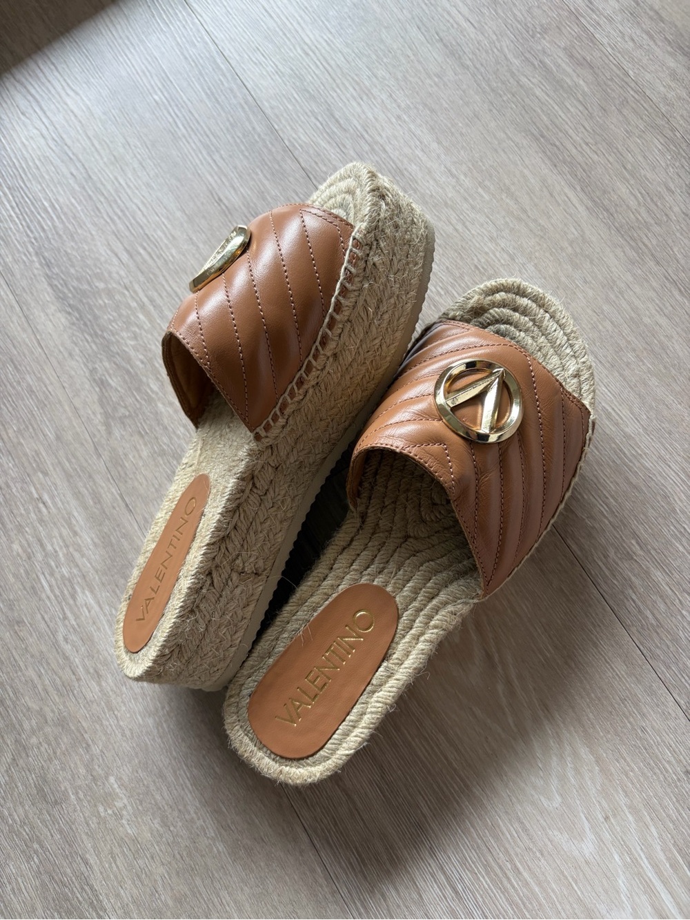 Valentino Tan Leather Espadrille Slide with Gold Logo